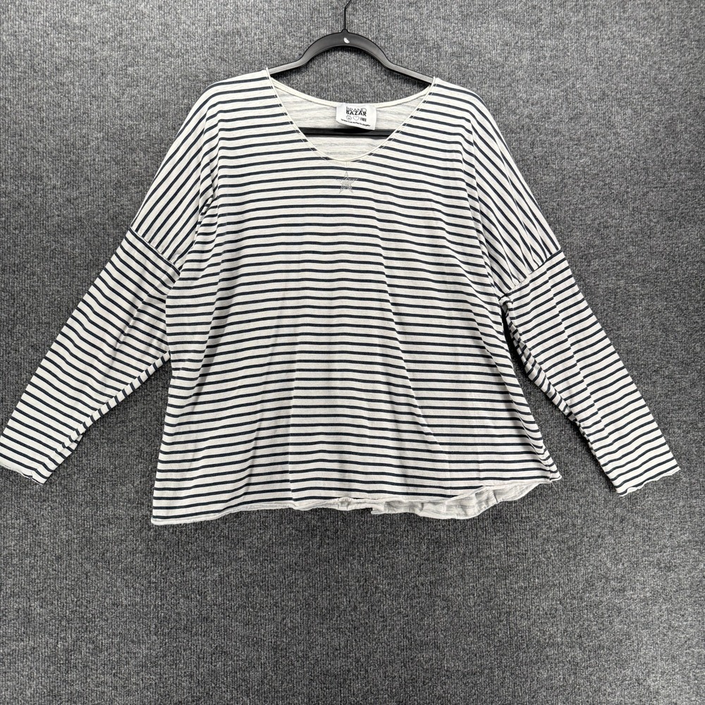 Brand Bazar Top Womens L Striped V-Neck 3/4 Sleeve Casual Lagenlook Nautical